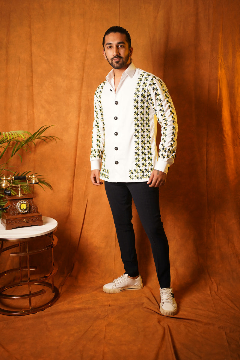 WHITE AND GREEN PHULKARI SHIRT