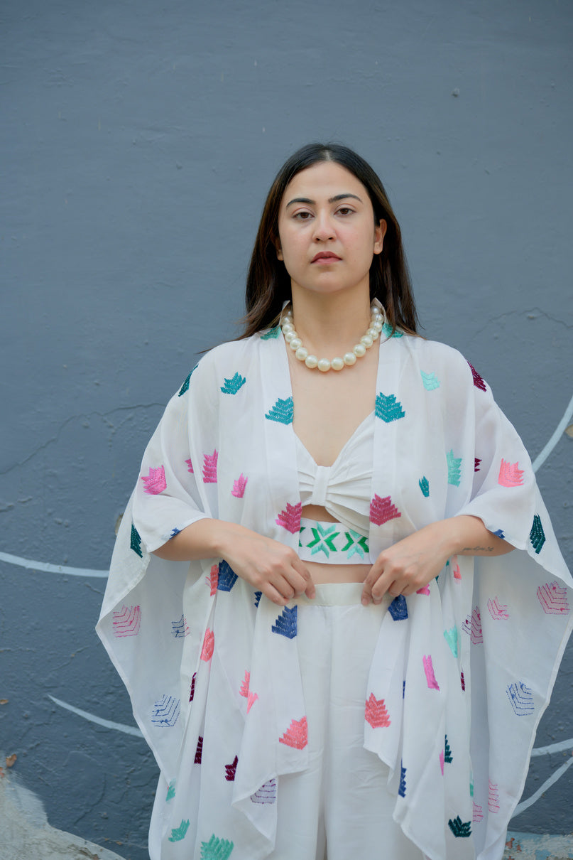MULTI COLORED PHULKARI CAPE CO-ORD SET