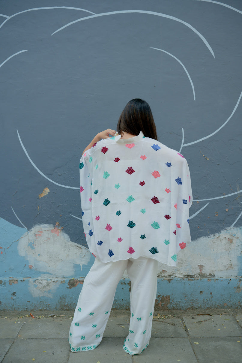 MULTI COLORED PHULKARI CAPE CO-ORD SET